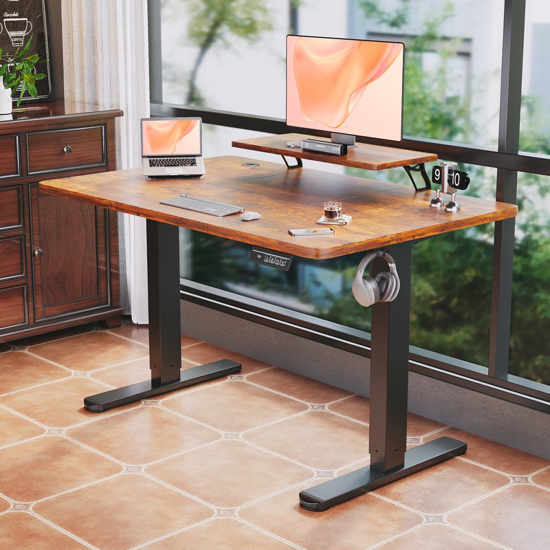 T-Shape Electric Standing Desk With Monitor Stand Memory Smart Pannel Home Office Desk, 140 W x 60 D, Rustic Brown, Black