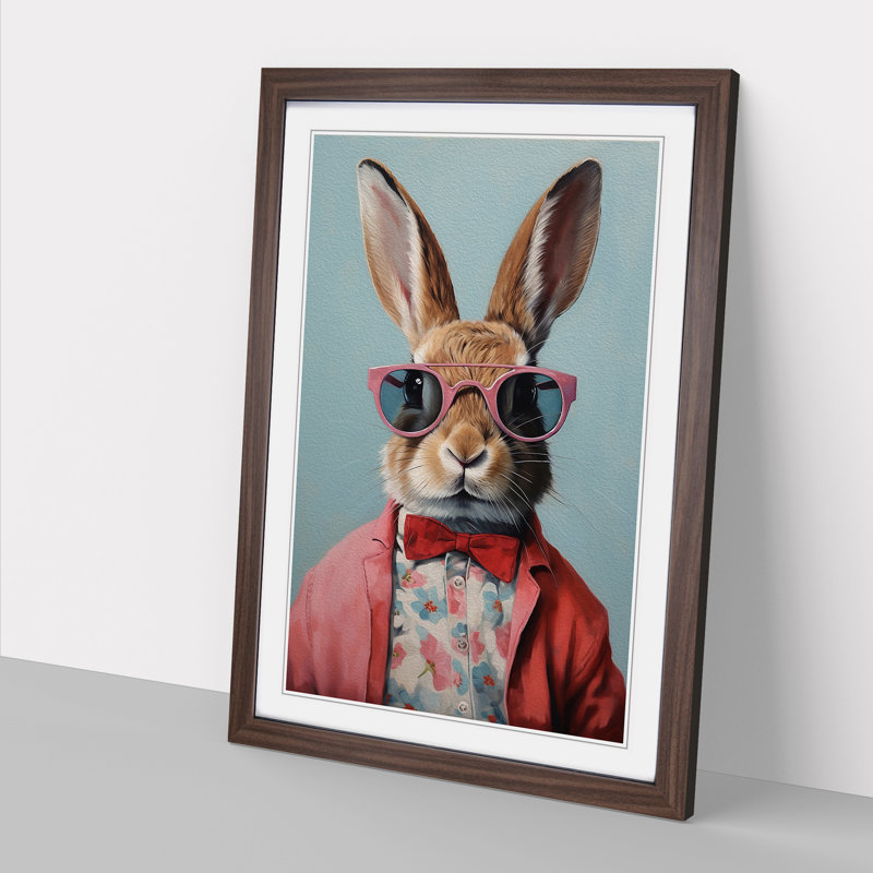 Rabbit with Glasses Painting - Framed Print, 34cm H x 25cm W x 2cm D, Walnut