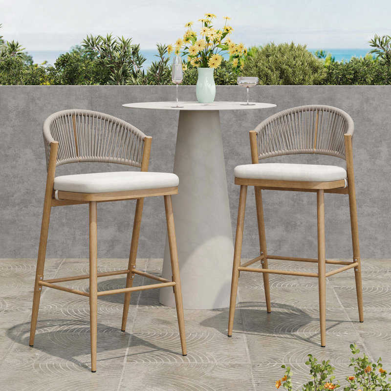 Aluminum Frame Barstools with Scallop Rattan Backrest – Set of 2, Maple Finish, Beige Cushion/Gray Frame