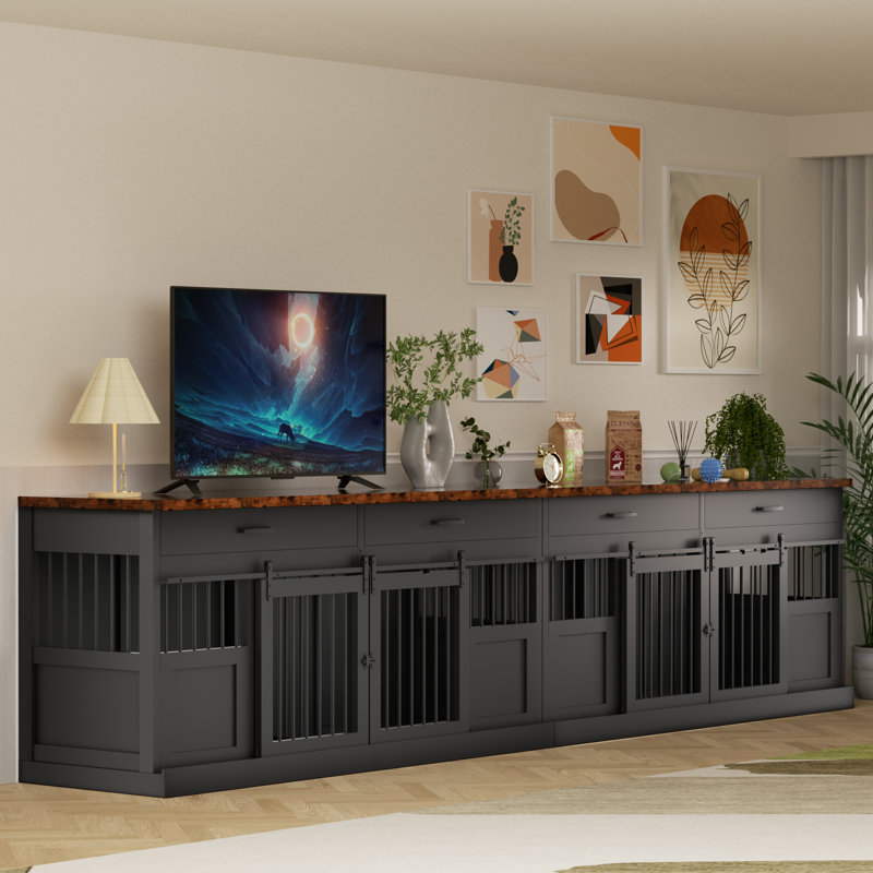 141.8'' Large Dog Crate Furniture with 4 Drawers and Divider, Heavy-Duty Wooden Kennel Cage, TV Stand End Table for 4 Medium or 2 Large Dogs, (2pcs)
