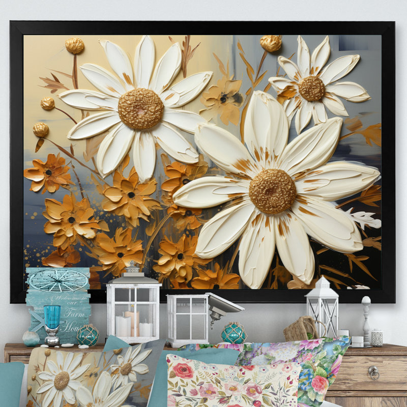 «Daisies Golden Daisies Pointillism I», reproduction sur toile, H 16 po x l 32 po, Encadrement doré