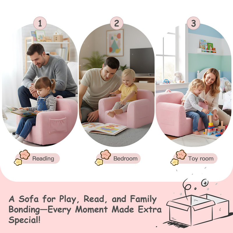Kids Sofa Toddler Chair, Children Couch With Side Pockets, Pink
