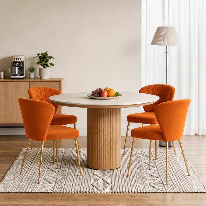 Chaise de salle à manger moderne en velours capitonné à oreilles orange avec pieds en métal, Orange