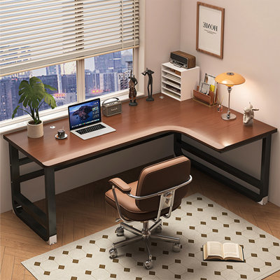 Nut-brown + Black L-Shaped Solid Wood desk