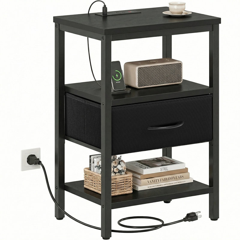 Alvantar Bedside Table Charging Station Nightstand with USB/C Ports, Adjustable Drawers, 3-Tier Storage Shelf, Black/2P