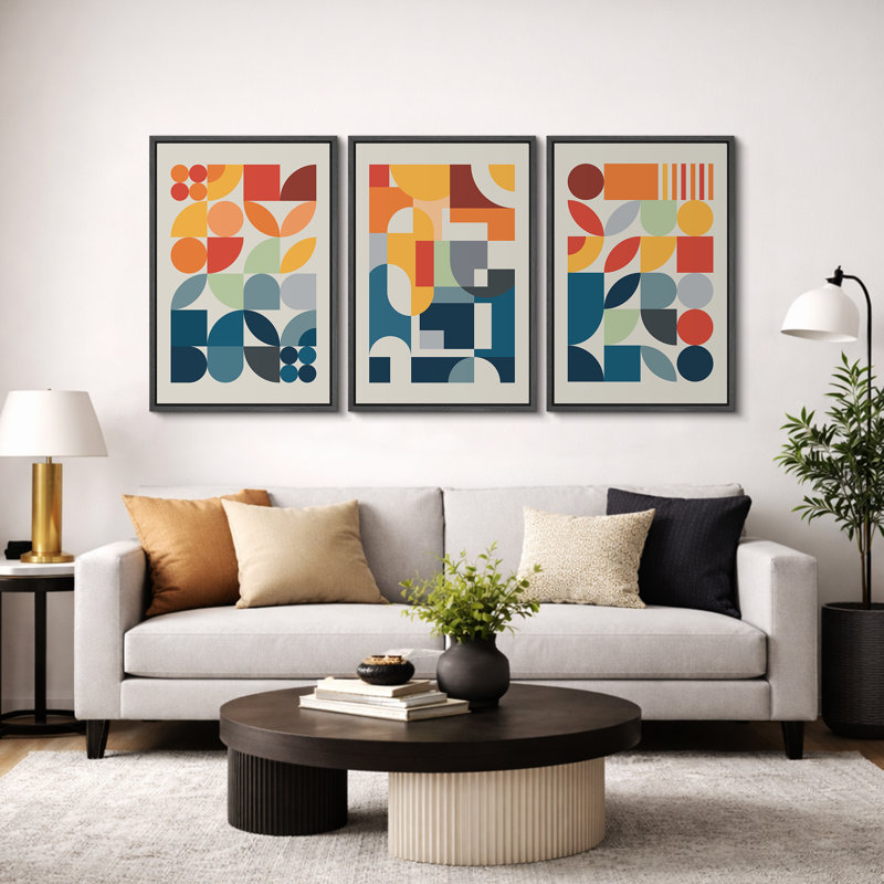 Abstrait, couleurs vives et abstraites «Œuvre abstraite et audacieuse bleu orange contemporain, images bohème de style Mid-Century moderne, impression numérique sur toile 3 pièces  