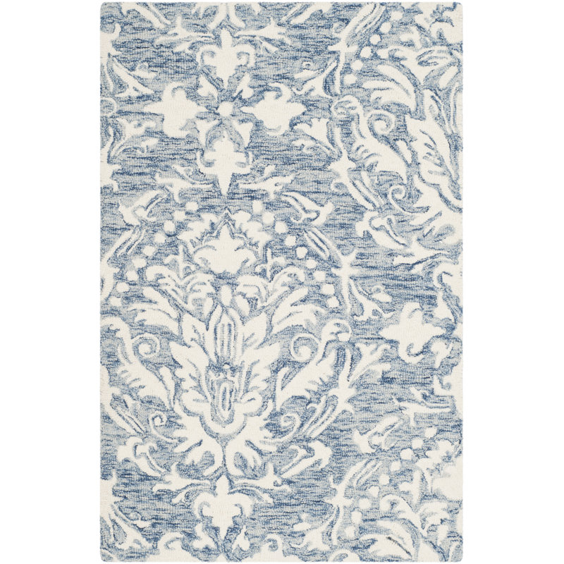 Tapis bleu / ivoire en laine touffeté à la main Ferrera, Rectangle 2 pi 6 po x 4 pi