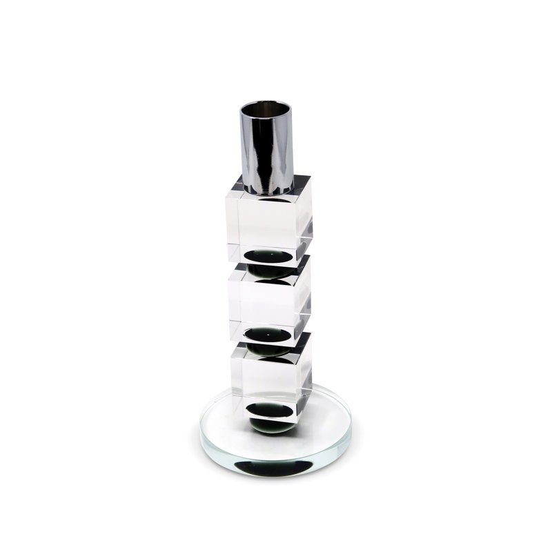 7" Silver Clear And Black Block And Cylinder Crystal Tabletop Taper Candlestick