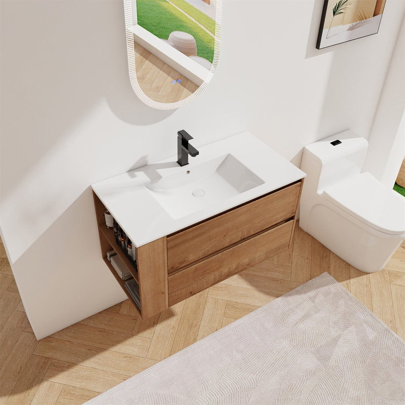 36" Wall Mounting Bathroom Vanity With Ceramic Sink, Imitative Oak