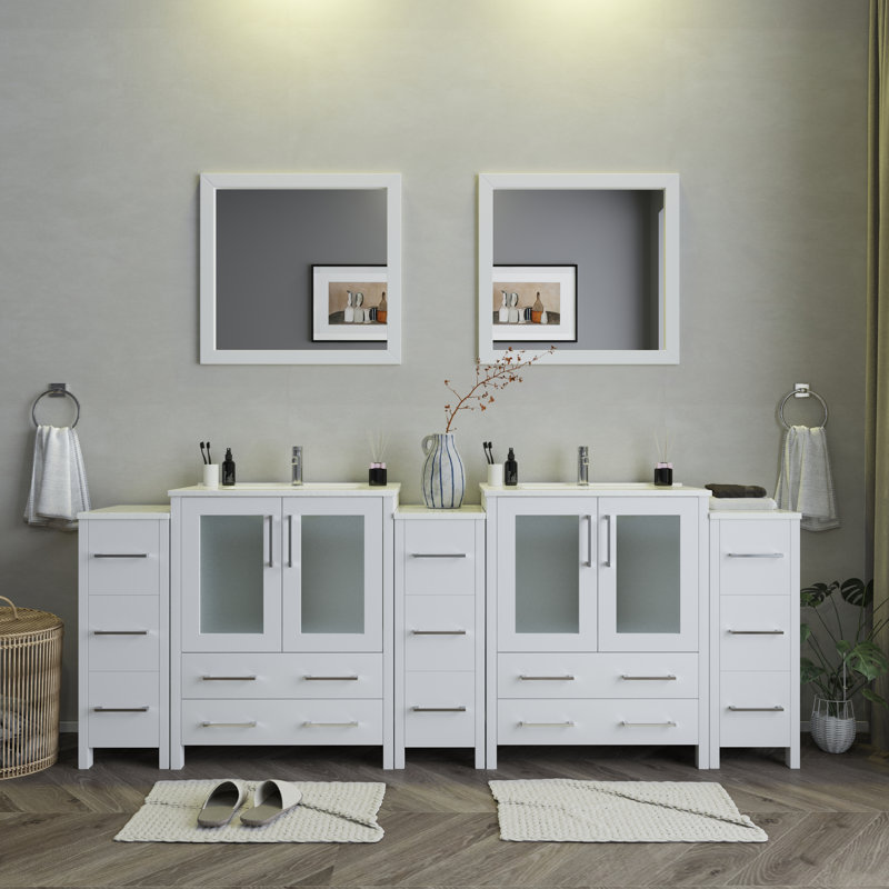Karson 96'' Double Bathroom Vanity with Ceramic Top with Mirror, White