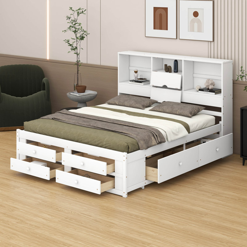 Structure de lit plateforme en bois avec 8 tiroirs, lit plateforme très grand avec tête de lit, Blanc