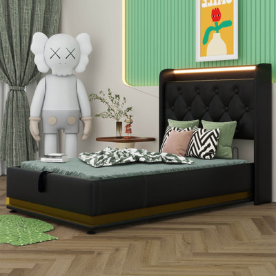 Lit de rangement relevable moderne, cadre de lit à DEL avec station de charge, lit plateforme tapissier avec tête de lit à oreilles