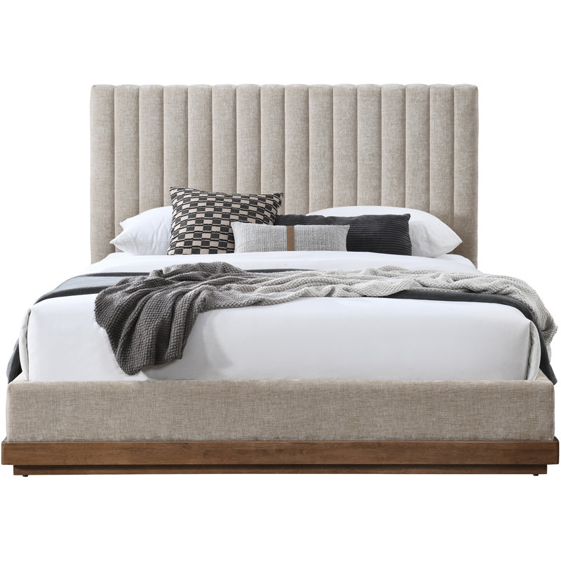 Emmet Chenille Fabric Bed, Queen, Beige Chenille Fabric / Brown Walnut