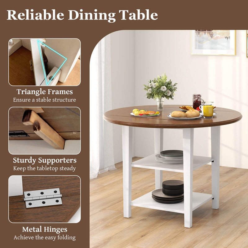 42.5" Drop Leaf Kitchen Table With Storage Shelves Expandable Dining Room Table