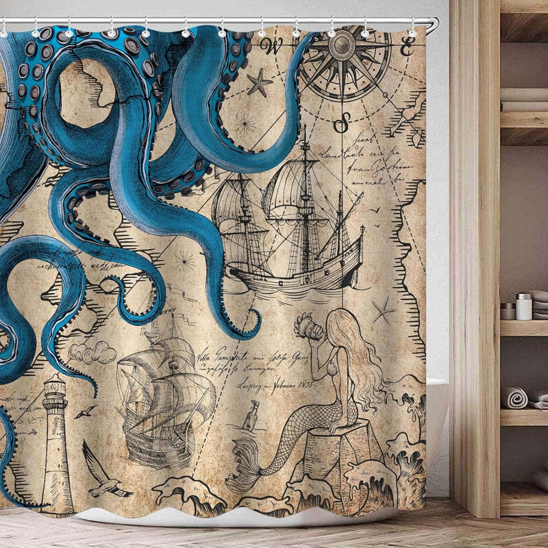Rideau de douche Nautical Octopus Mermaid Funny Ocean Kraken, Rétro