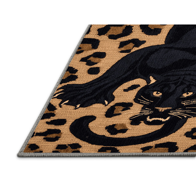 Washable Black Leopard Big Cats Area Rug, Round 5'