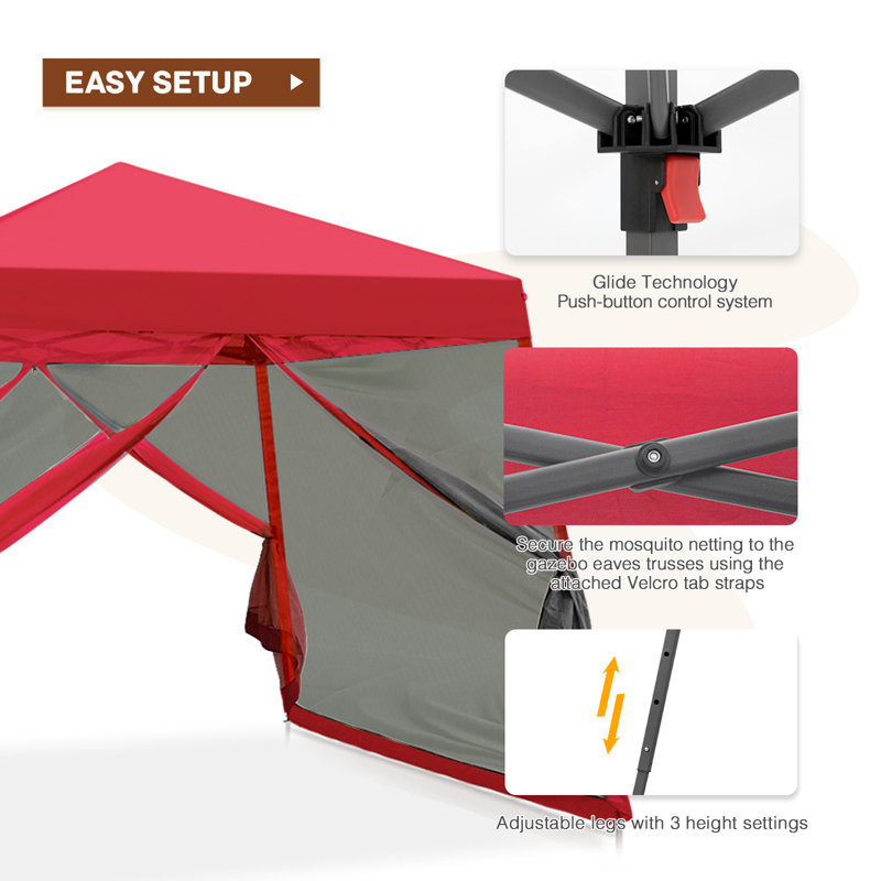 Red 10' x 10' Steel Pop-Up Canopy Tent with Mosquito Netting