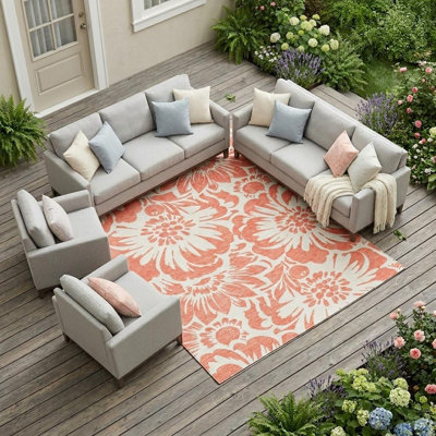Tapis extérieur lavable antidérapant floral saumon et ivoire 10 pi x 14 pi