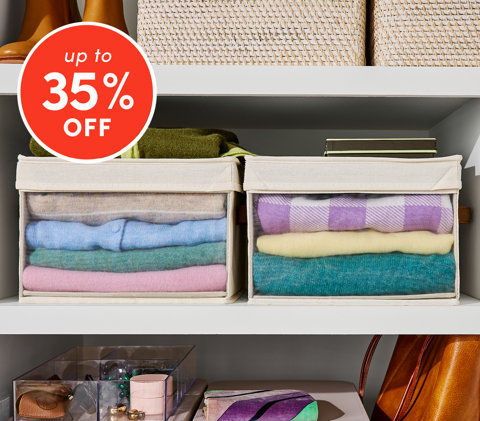 Closet storage up to 35% off featuring fabric storage bins with folded sweaters and woven baskets on shelves