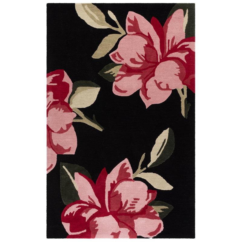 Kamath 403 Hand Tufted Wool/Cotton Floral Rug in Black/Pink, Rectangle 5' x 8'