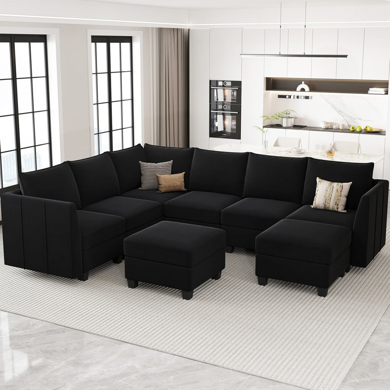 Allinson 9-Piece U Shaped Velvet Freely Combined Modular Sofa L-Shaped Solid Wood Sectional Storage Couch Livingroom Sofa with Ottoman