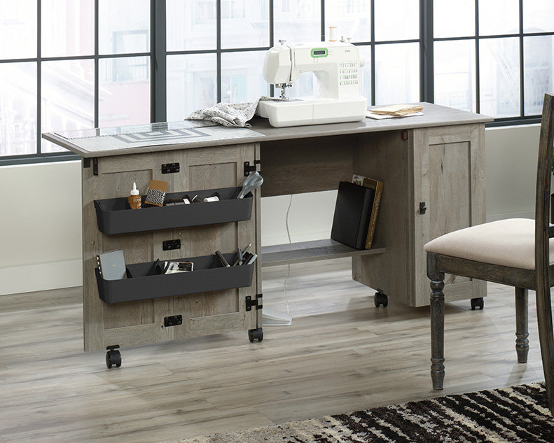 Folding Sewing Craft Table with Storage Bins & Shelves