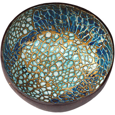 Natural Coconut Bowl With Mother Of Pearl Inlays - Key Bowl & Fruit Snack Holder (Blue-Gold)