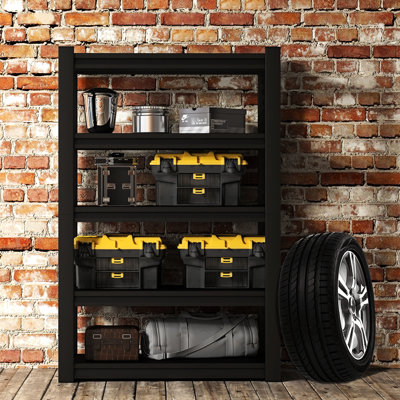87"H Five - Layer Metal Storage Rack For Garages, Supermarkets , Adjustable Shelves, Rust Surface, Side Guardrails, Simple Assembly Black With Guardrails Primary Living Space, Layer, Easy