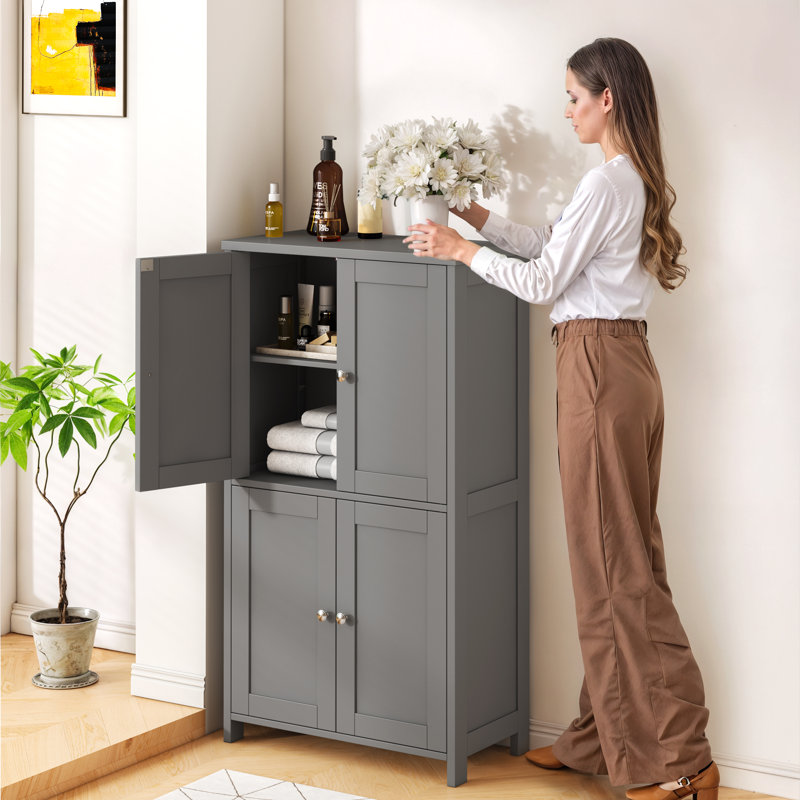 4-Door Storage Cabinet With Adjustable Shelves – Versatile Organizer For Living Room, Kitchen, Bathroom & Entryway, Gray
