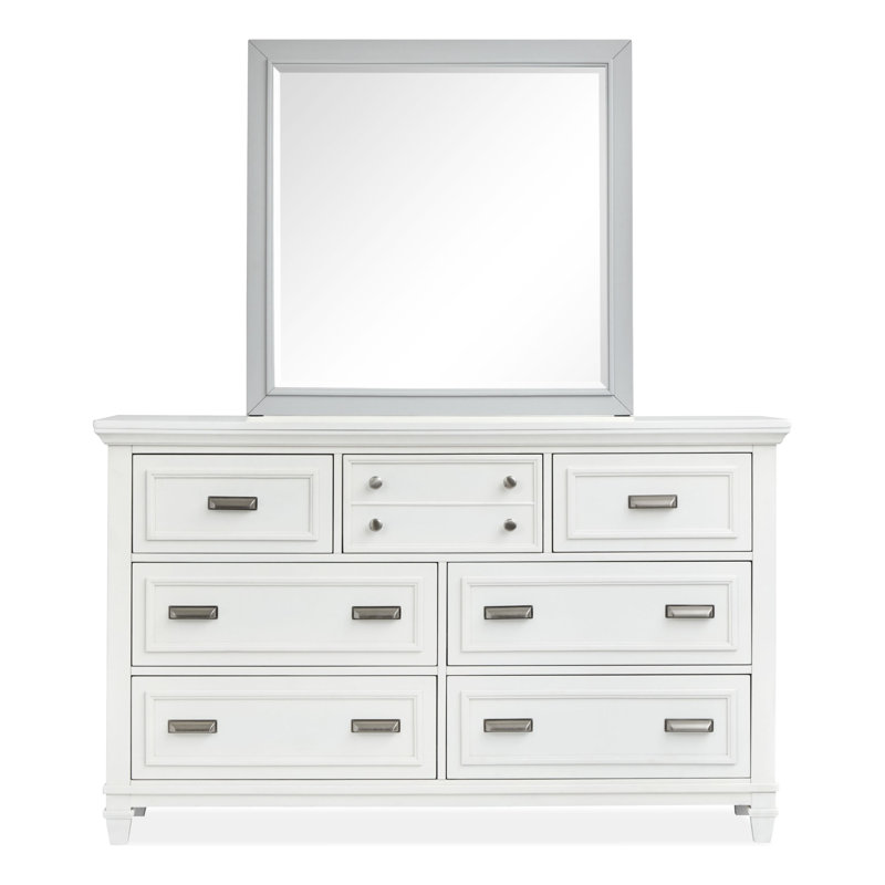 Commode blanche à tiroir avec miroir de paysage gris, Blanc / Gris