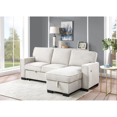 Spacieux canapé modulaire beige avec canapé-lit réversible, rangement pour méridienne, table rabattable et 2 abris de chargement en tissu avec méridienne de rangement, table, porte-gobelets et