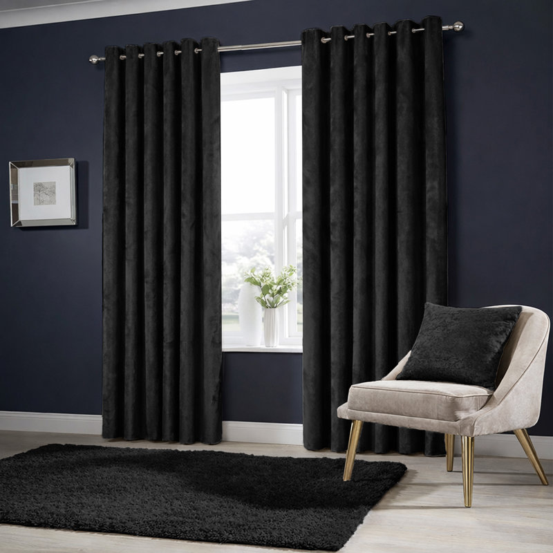 Winkel Premium Velvet Eyelet Ready Made Thermal Drapes & Curtains, (228 Width X 228 Height) cm, Black