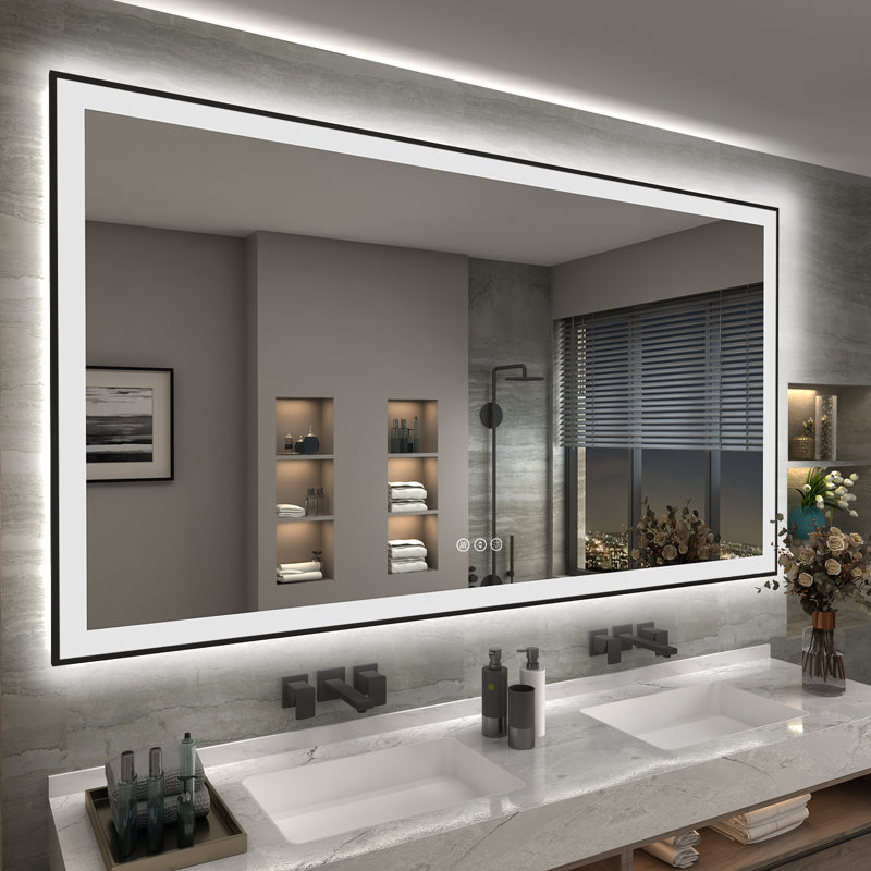 Black Aluminum Framed 72"x40" LED Bathroom Vanity Mirror