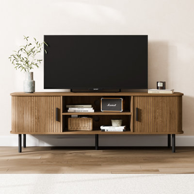 Meuble télé Mid-Century, meuble télé Tambour avec armoire de rangement et tablette pour téléviseur de 70 po, brun noyer