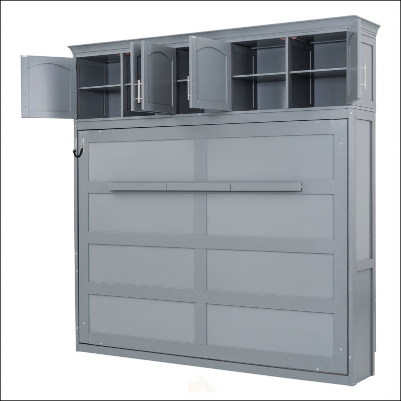 Lit escamotable double avec armoires supérieures, Gris, Lit double