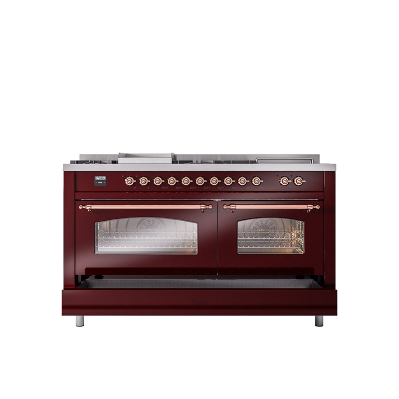 ILVE Nostalgie II 60 Dual Fuel Range, 5 Burners, Griddle, Frenchtop , Burgundy/Copper, Natural Gas