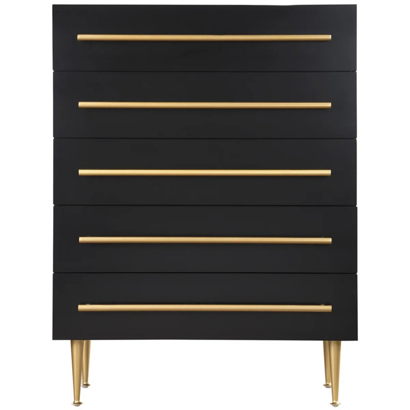 Commode contemporaine à 5 tiroirs avec détails dorés, commode 1 pièce pour chambre à coucher, unité de rangement en bois, noir