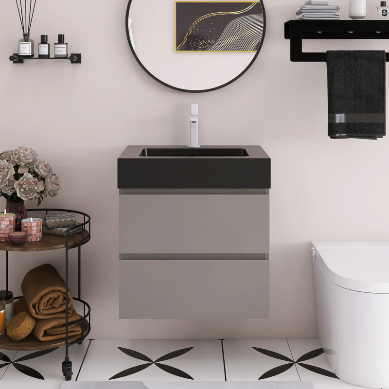 Meuble-lavabo mural 24 po avec lavabo, Noir, Gris