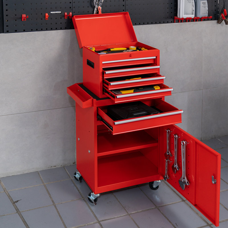 Boaman 5-Drawer Steel Tool Chest Set 2 Piece Combination Rolling Garage Storage Box, Red