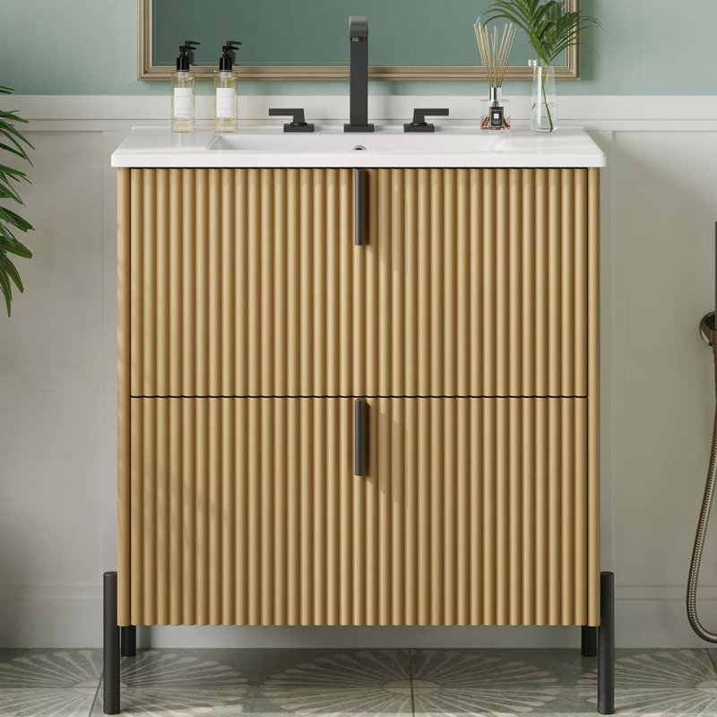 Meuble-lavabo de salle de bain avec lavabo en céramique et tiroirs pleine extension, Naturel