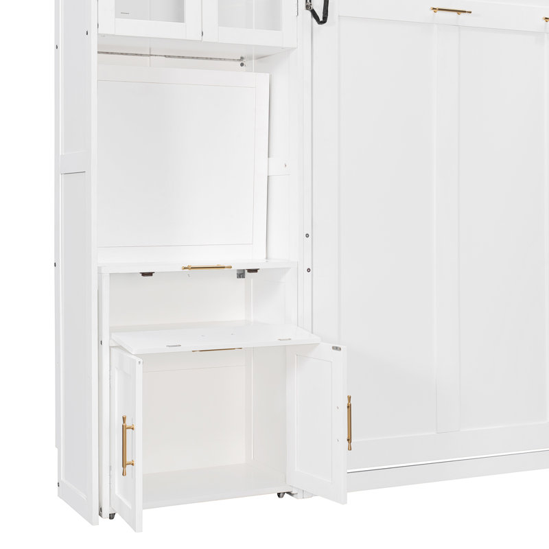 Lit escamotable double vertical avec bureau escamotable, armoire de rangement, tablettes éclairées et station de charge