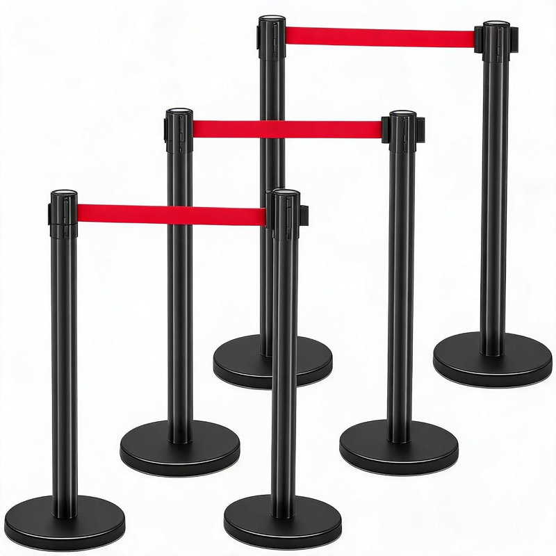 Barrières de contrôle des foules (lot de 6) – 6 poteaux avec 6 sangles rétractables, poteaux en acier robuste, système de sangles à 4 points, base remplissable pour la gestion des files d'attente