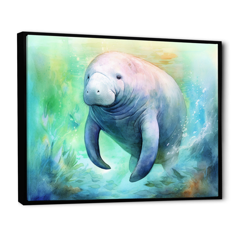 Gentle Manatee I - Art mural lamantin, Cadre flottant noir, H 34 po x l 44 po x P 1,5 po