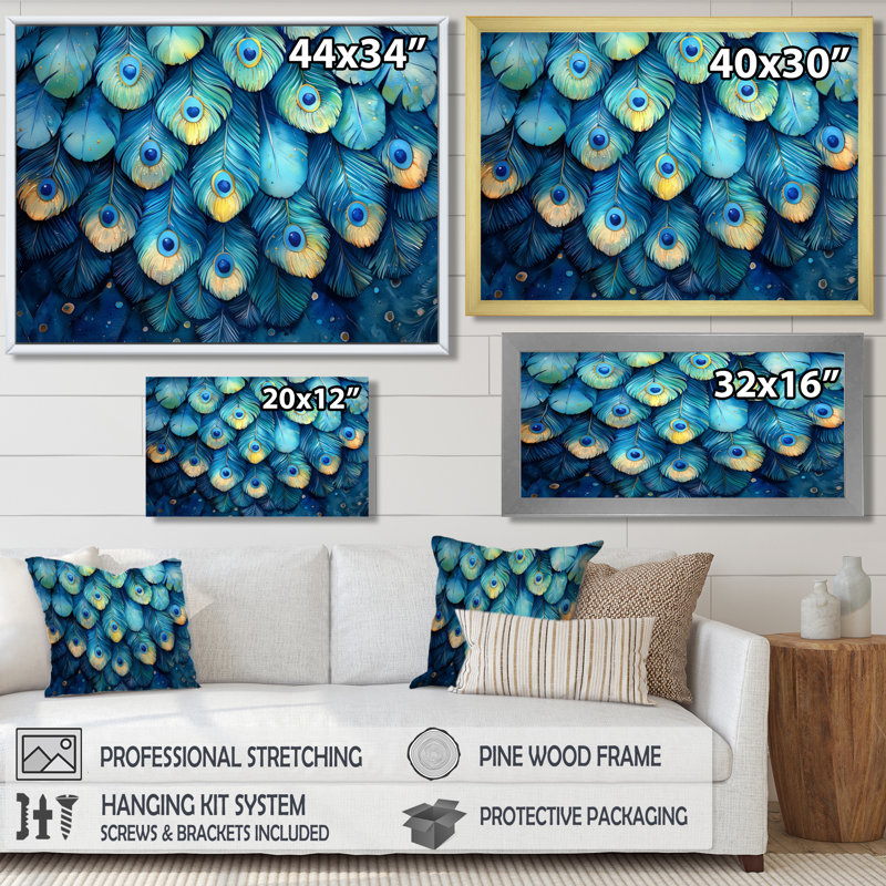 Peacock Feather Collage - art mural oiseau, Cadre simple, Noir, H 12 po x l 20 po