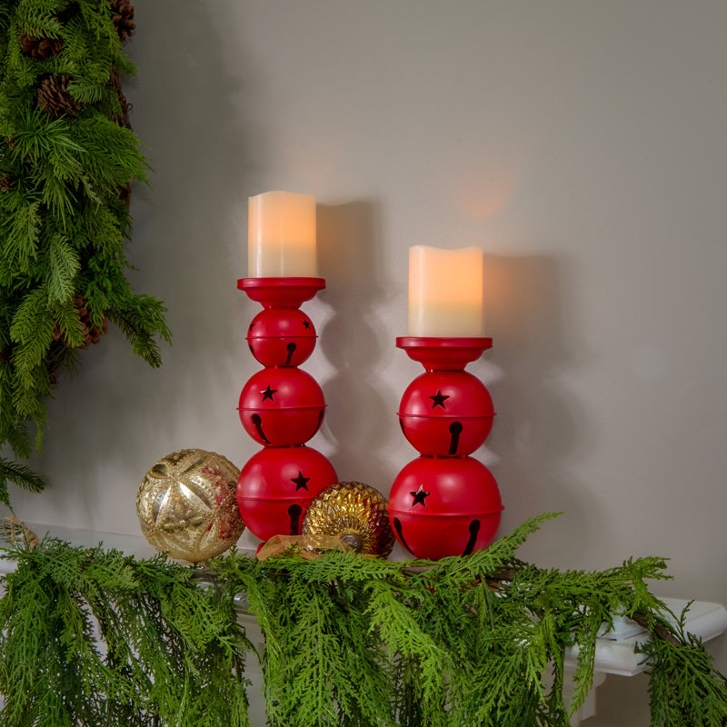 12.5" Metal Jingle Bell Candle Holders, Red