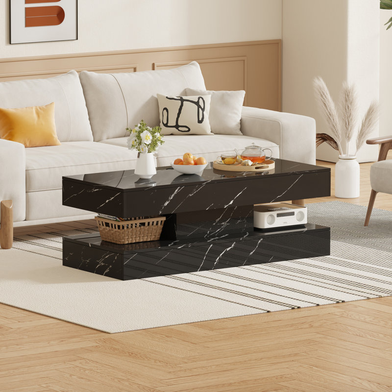 47.2 Inch Coffee Table with LED Lights, Modern High-Gloss Open Shelf Design, 2-Tier Floating Center Table with Illumination, Large LED Coffee Table for Living Room(Black)