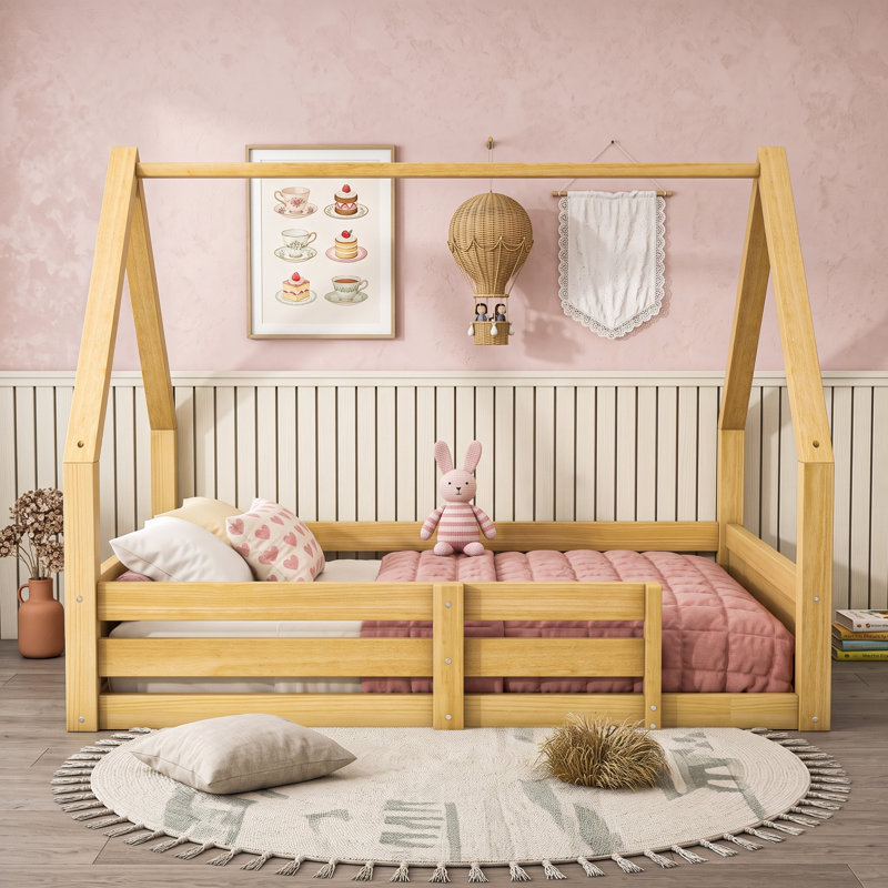 Lit de maison avec toit et garde-corps, Lit double, Naturel