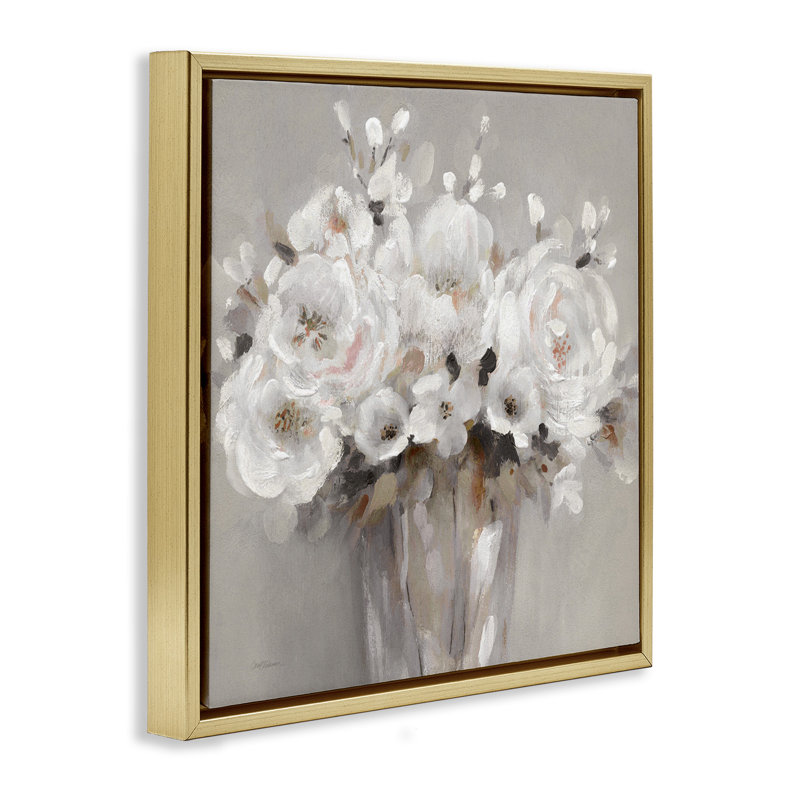White Flower Bunches, Metallic Gold Floater Frame, 18" H x 18" W