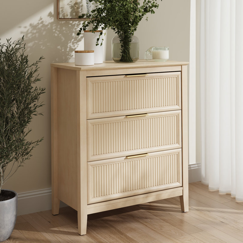 Commode 3 tiroirs, conception cannelée, armoire de rangement en bois moderne, bouleau naturel, Beige