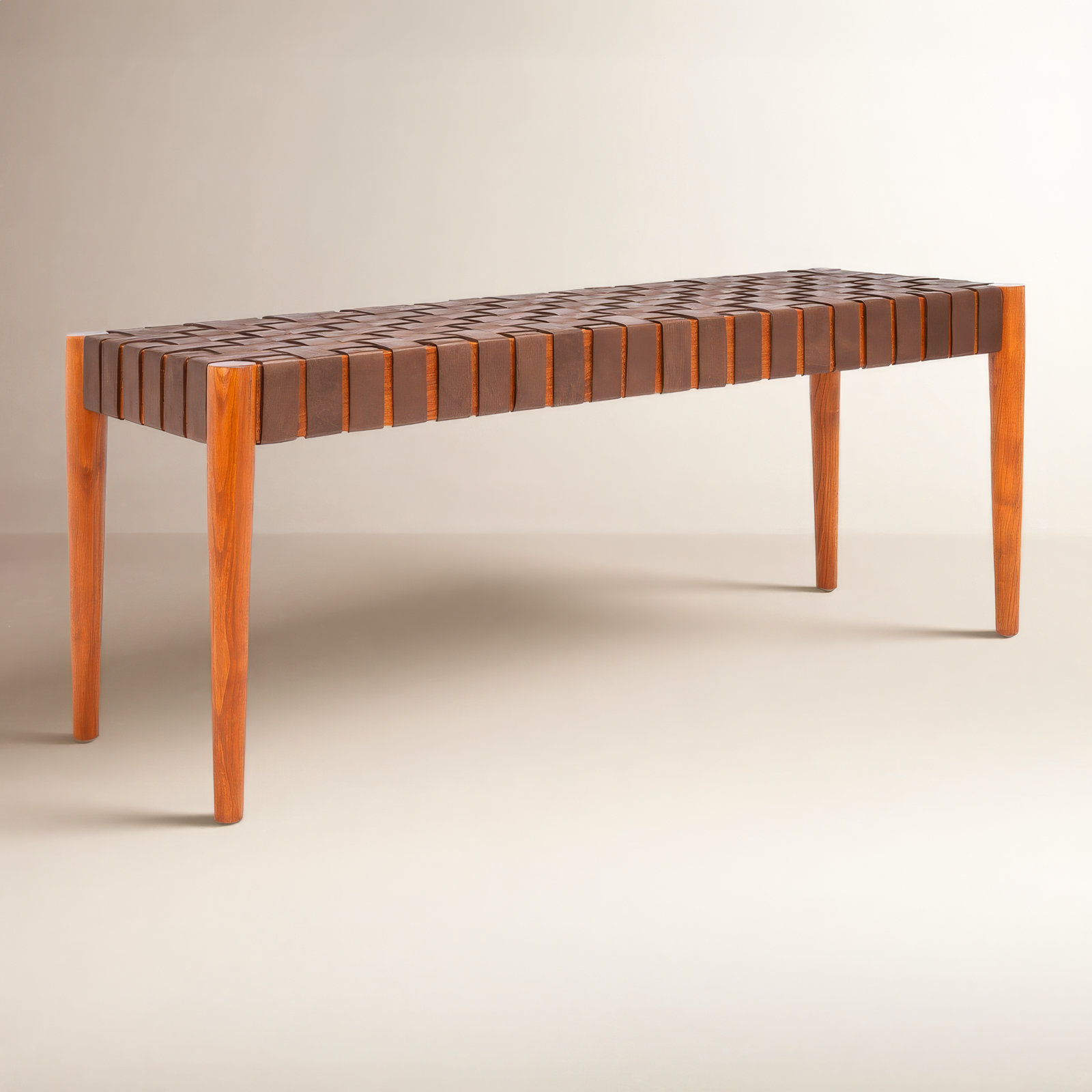 Orin 47" Woven Leather Dining Bench, Cognac